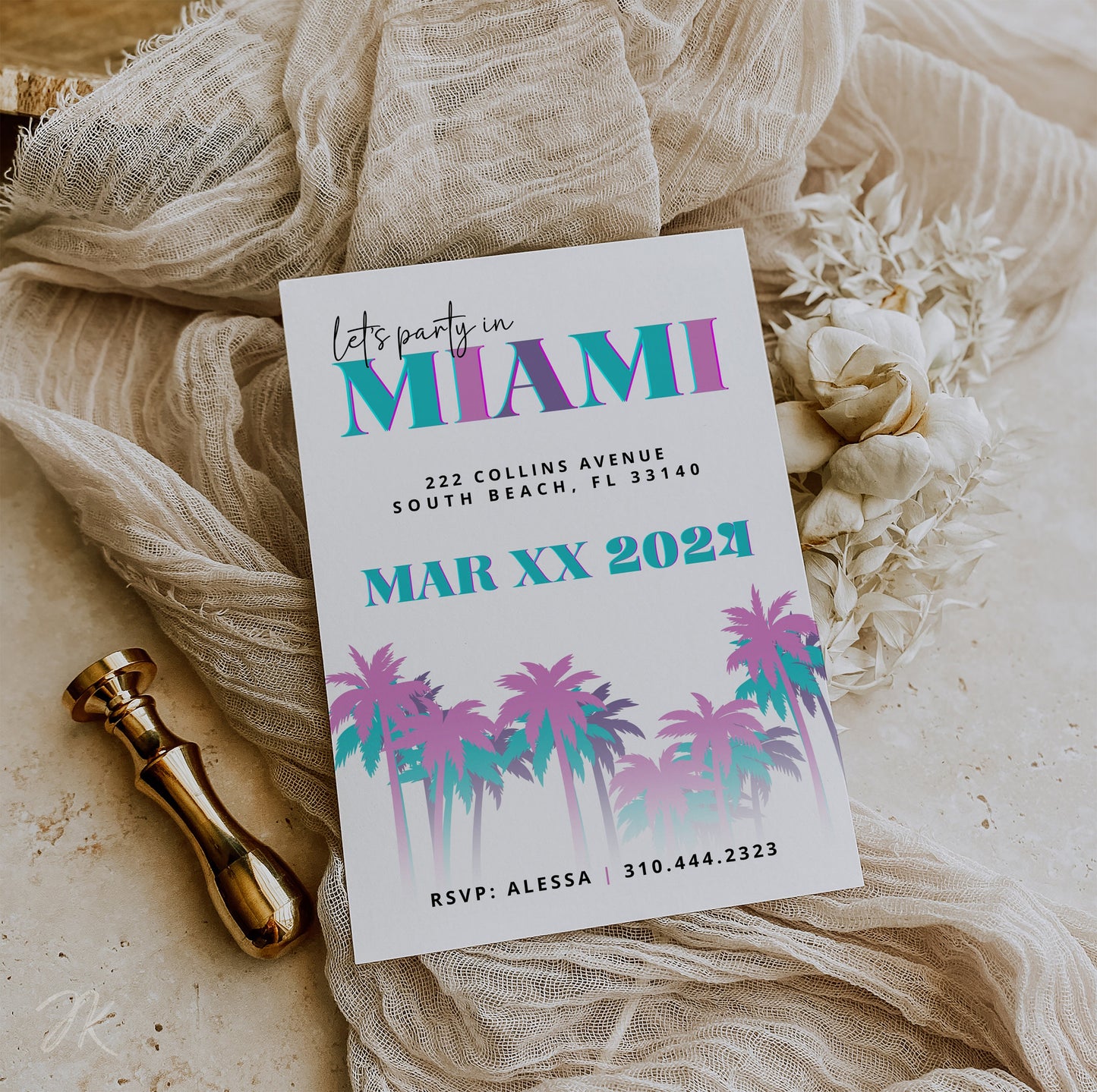 Miami Party Invite | Bachelorette Celebration | Miami Vibes Invitation | Editable Bday Celebration Card | Canva Template | Retro Neon Cards