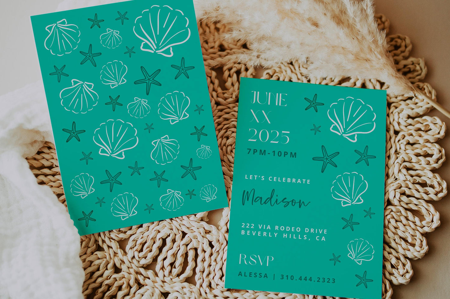 TEAL Sea Aesthetic Birthday Party Bundle | Seashells Starfish Fisherman Bday | 2-in-1 Party Invitation | Editable Canva Invite | DIY Digital
