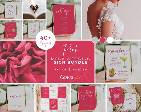 PINK WHITE Wedding Signs MEGA Bundle | Pink and White Wedding | Editable Canva Pro Templates | Signature Drinks | Honeymoon Fund | 5x7 8x10
