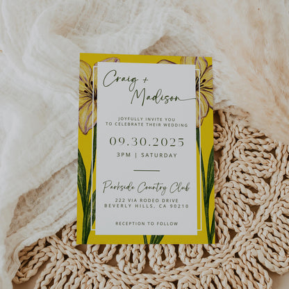 Summer Iris in Bloom Wedding Invites | Oscar De La Inspired | Yellow Floral Bridal Signage DIY | Luxury Wedding | Elegant Canva Invitation