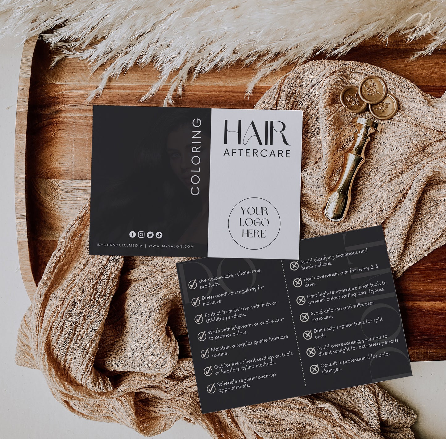 Boho Aftercare Card Bundle, Salon Color Instructions, Editable Boho Card, Salon Card, Black and White Colour Templates, Boho Beige DIY Canva