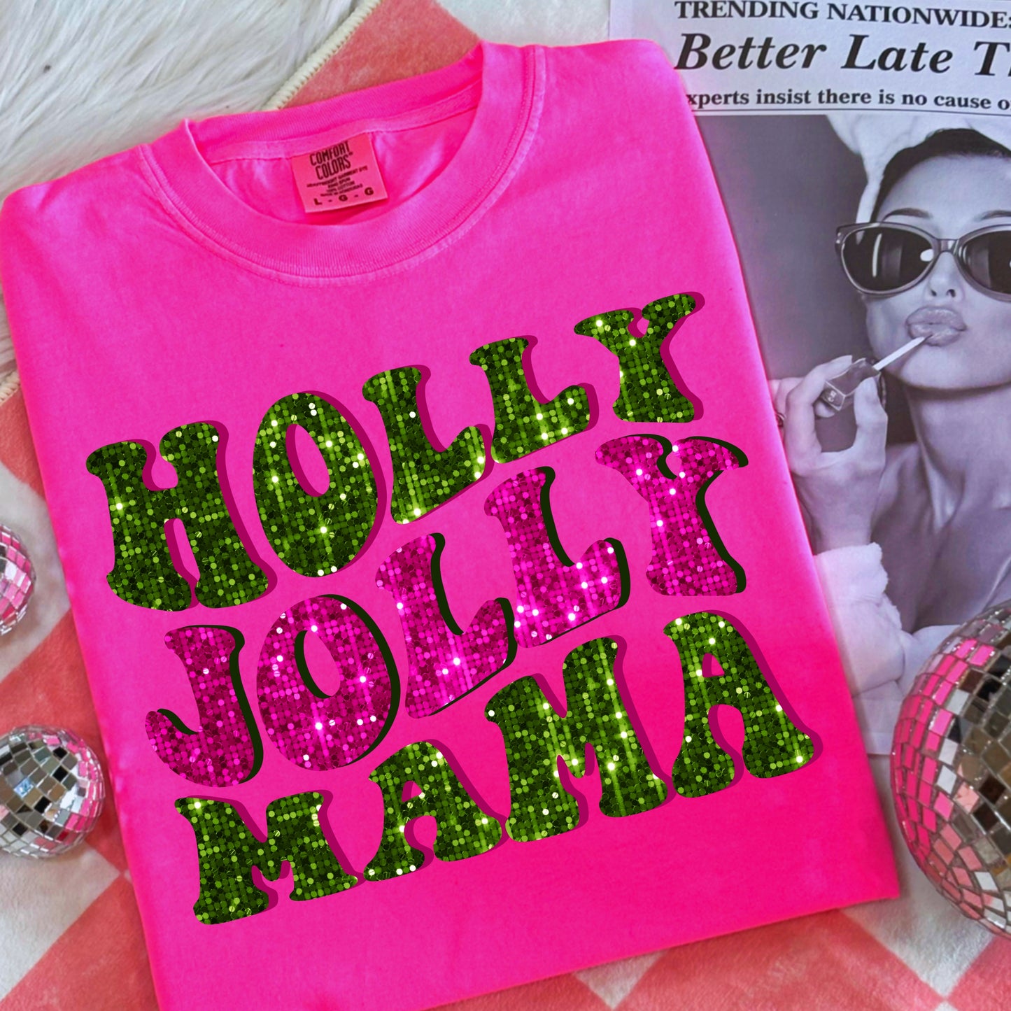 Faux Sequin Pink + Forest Green Christmas Sublimation Bundle | Retro Varsity Holiday PNG Designs