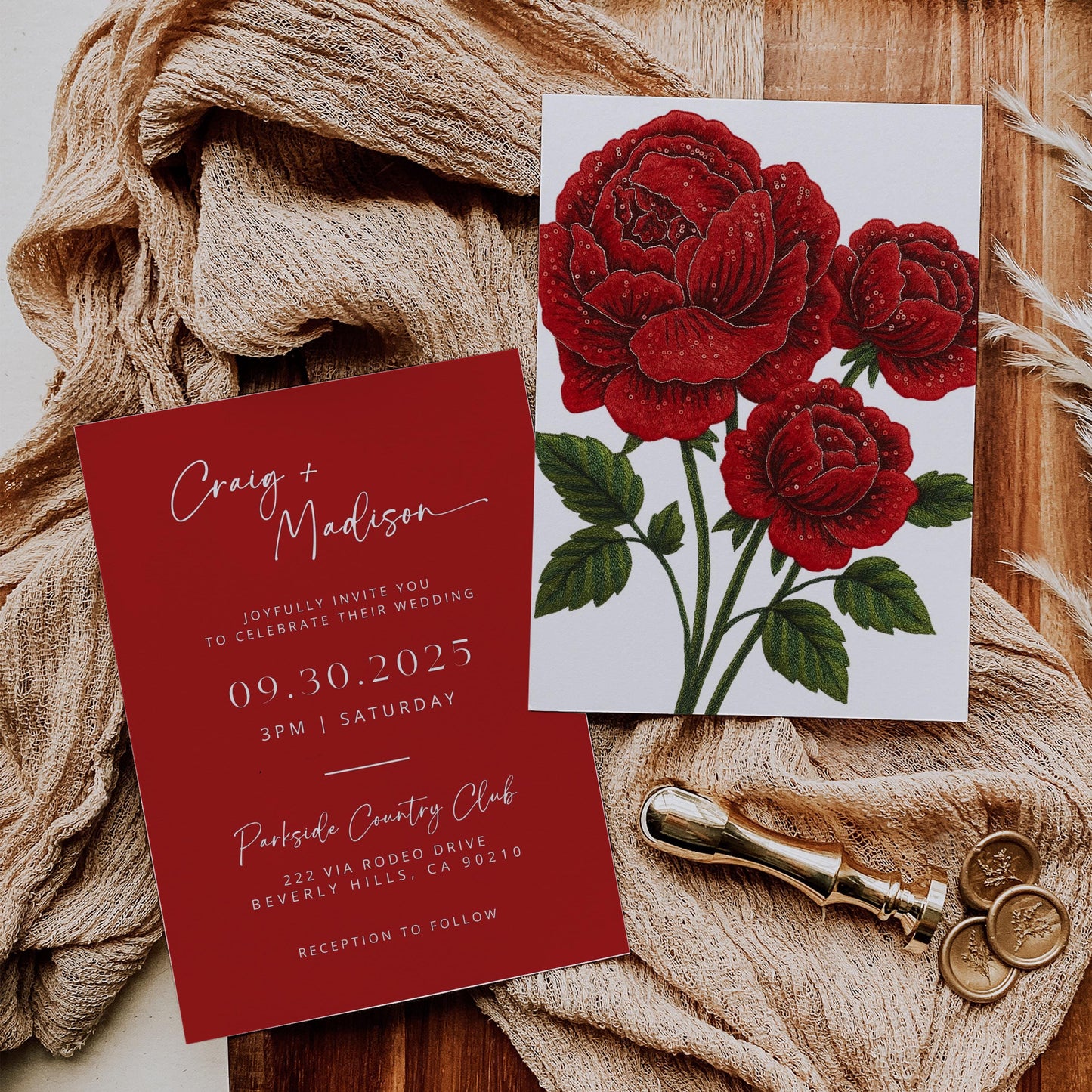 Modern Faux Embellished Rose Wedding Invites | Oscar De La Inspired | Red Roses Bridal Signage DIY | Luxury Wedding | Canva Pro Invitations