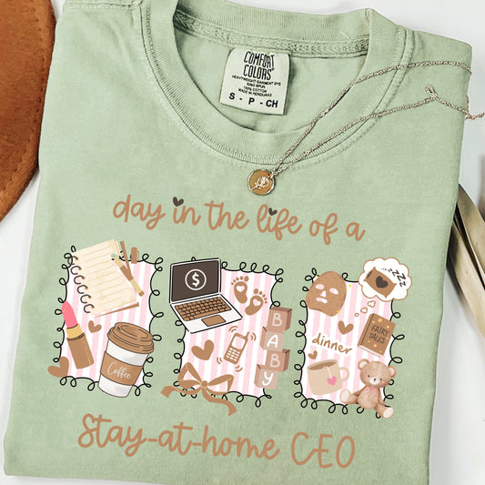 Day in the Life of a Stay-at-Home CEO PNG | Mom Boss Aesthetic Sublimation | Baby Coffee Laptop Clipart | Motherhood Business Shirt Design
