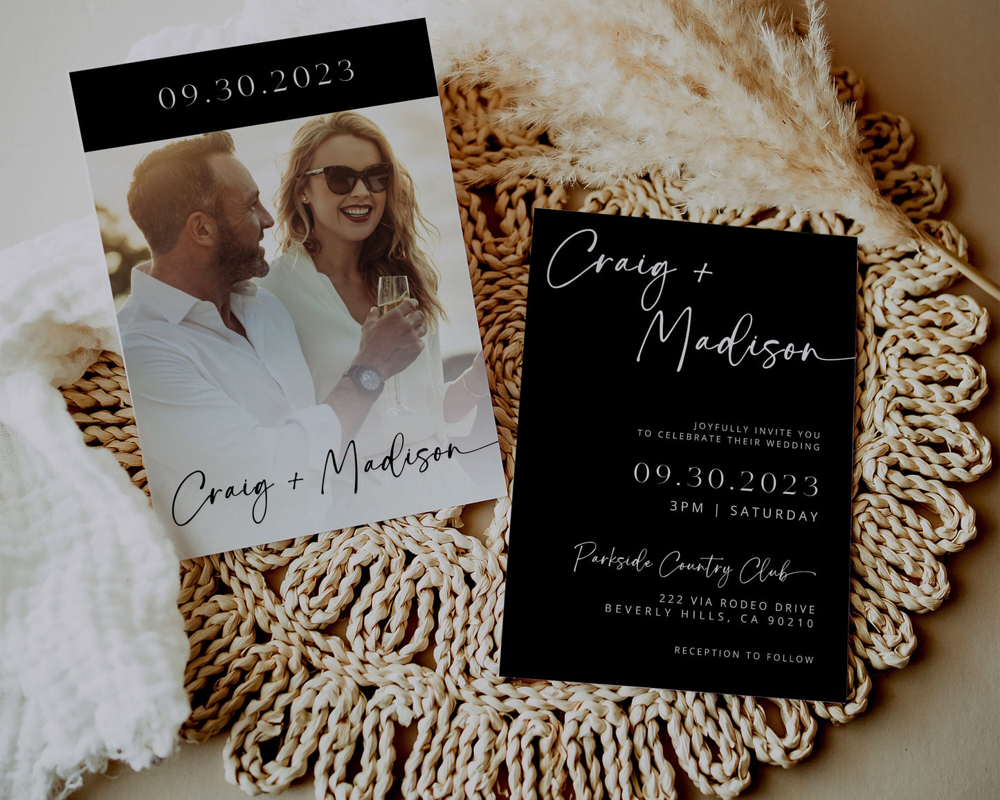 Minimalist Black and White Wedding Invitation Suite | Modern Editable Template with RSVP QR Code | DIY Printable Wedding Set | Canva Bundle