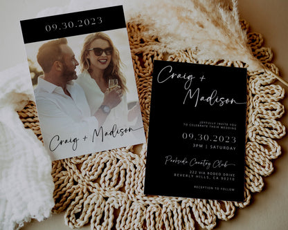 Minimalist Black and White Wedding Invitation Suite | Modern Editable Template with RSVP QR Code | DIY Printable Wedding Set | Canva Bundle