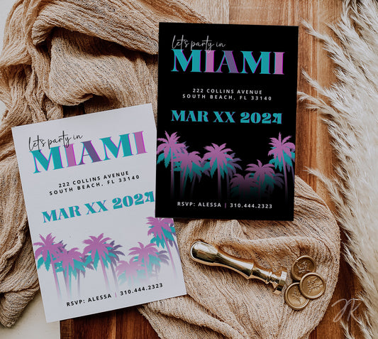 Miami Party Invite | Bachelorette Celebration | Miami Vibes Invitation | Editable Bday Celebration Card | Canva Template | Retro Neon Cards