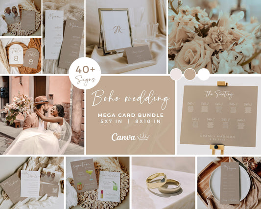 BOHO Wedding Decor Sign Mega Bundle | Beige and White Wedding | Editable CANVA PRO Templates | Signature Drinks | Honeymoon Fund | Invites