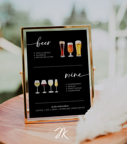 BLACK Signature Cocktail Sign | Bar Menu Template | Modern Drink Menu | Editable Boho Style Wedding | Non Alcoholic Beverages Menu DIY