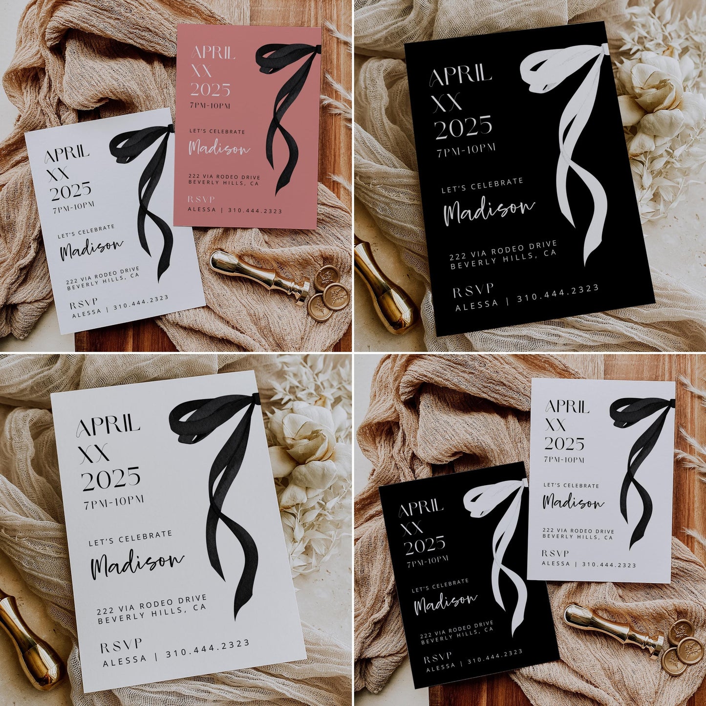 Coquette Birthday Party Invite Bundle | Black White Pink Bow 2025 Cards | 3-in-1 Party Invitation | Editable Canva Invite | INSTANT DOWNLOAD