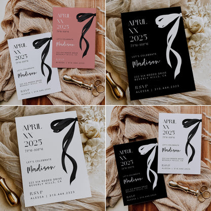 Coquette Birthday Party Invite Bundle | Black White Pink Bow 2025 Cards | 3-in-1 Party Invitation | Editable Canva Invite | INSTANT DOWNLOAD