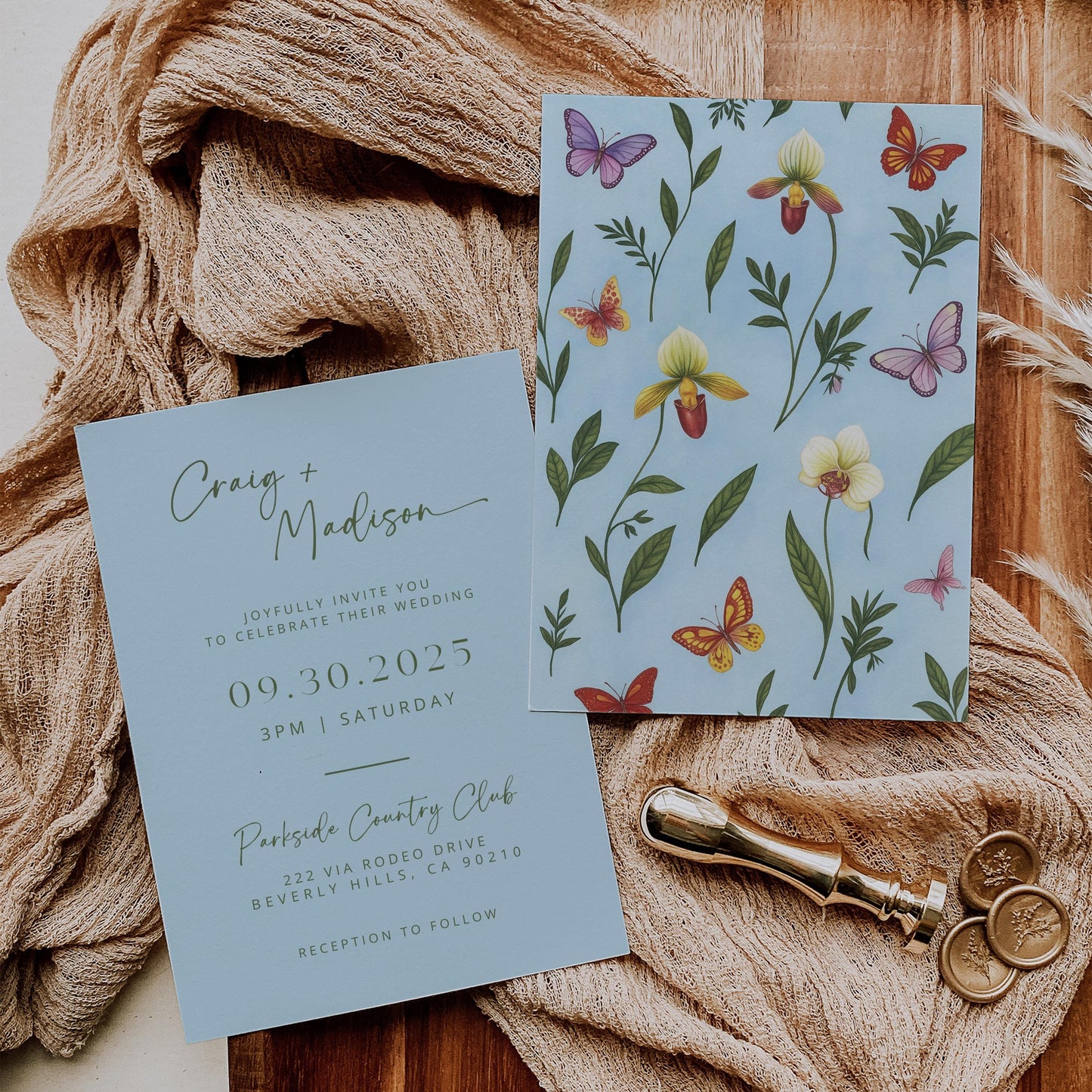 Baby Blue Orchid Wedding Invites | Oscar De La Inspired | Light Blue Bridal Signage DIY | Luxury Wedding | Canva Invitations | Elegant Cards