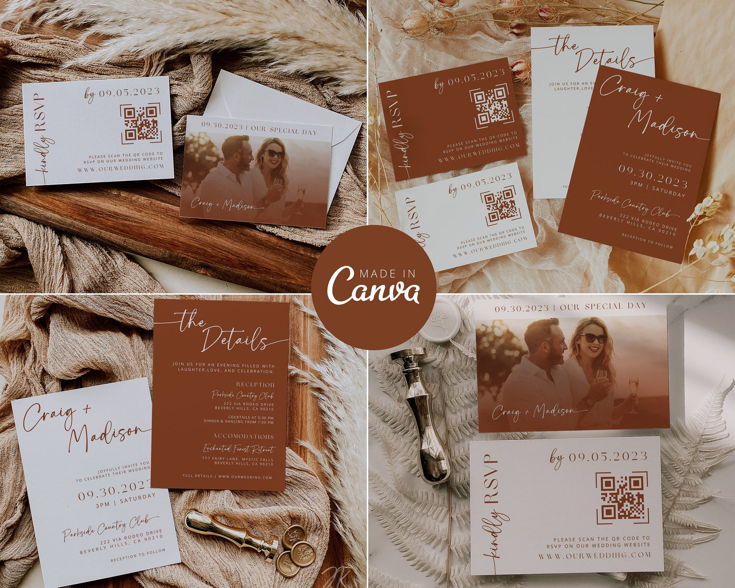 Desert Boho Wedding Invitation Suite | Modern Editable Template with RSVP QR Code | DIY Printable Wedding Set | Rustic Wedding | Terracotta