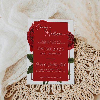 Modern Faux Embellished Rose Wedding Invites | Oscar De La Inspired | Red Roses Bridal Signage DIY | Luxury Wedding | Canva Pro Invitations