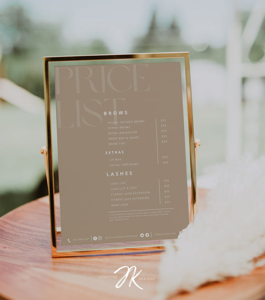 Boho Small Business Price List Template | Beauty Price List | Minimalist Printable | Salon Pricing Sheet Canva Pro Template | Size 5x7 8x10