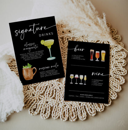 BLACK Signature Cocktail Sign | Bar Menu Template | Modern Drink Menu | Editable Boho Style Wedding | Non Alcoholic Beverages Menu DIY