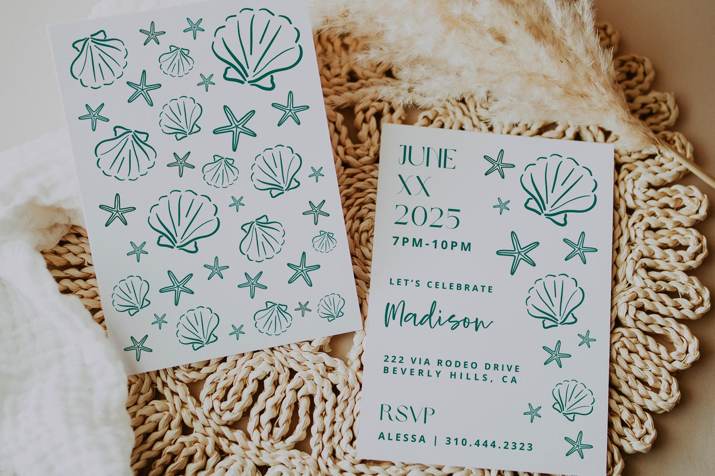 TEAL Sea Aesthetic Birthday Party Bundle | Seashells Starfish Fisherman Bday | 2-in-1 Party Invitation | Editable Canva Invite | DIY Digital
