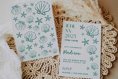 TEAL Sea Aesthetic Birthday Party Bundle | Seashells Starfish Fisherman Bday | 2-in-1 Party Invitation | Editable Canva Invite | DIY Digital