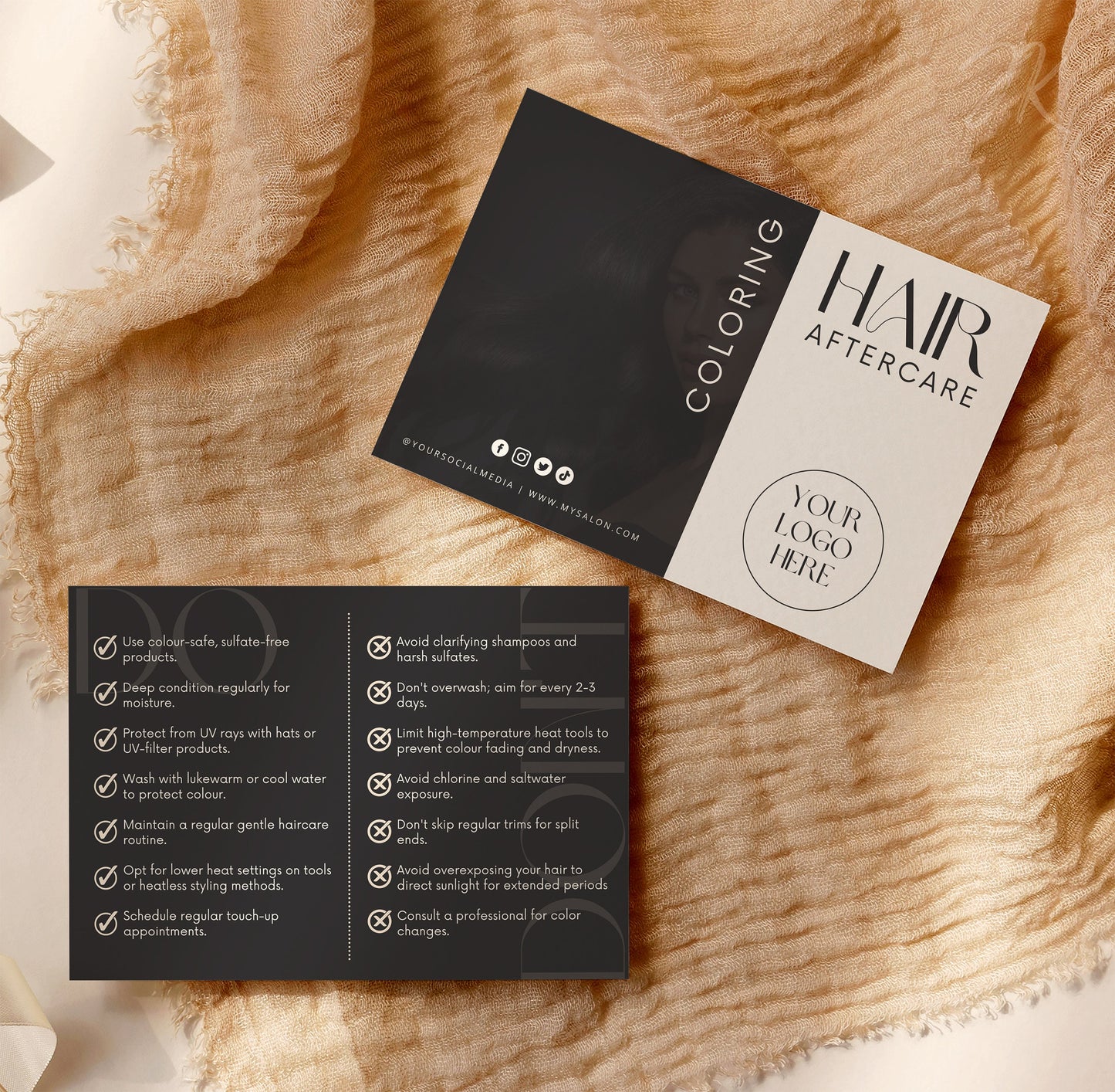 Boho Aftercare Card Bundle, Salon Color Instructions, Editable Boho Card, Salon Card, Black and White Colour Templates, Boho Beige DIY Canva