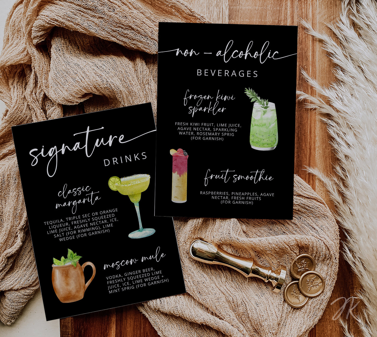 BLACK Signature Cocktail Sign | Bar Menu Template | Modern Drink Menu | Editable Boho Style Wedding | Non Alcoholic Beverages Menu DIY