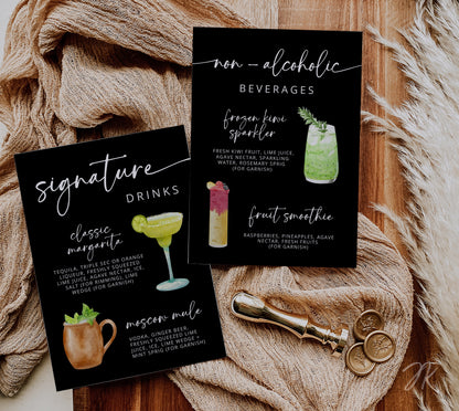 BLACK Signature Cocktail Sign | Bar Menu Template | Modern Drink Menu | Editable Boho Style Wedding | Non Alcoholic Beverages Menu DIY