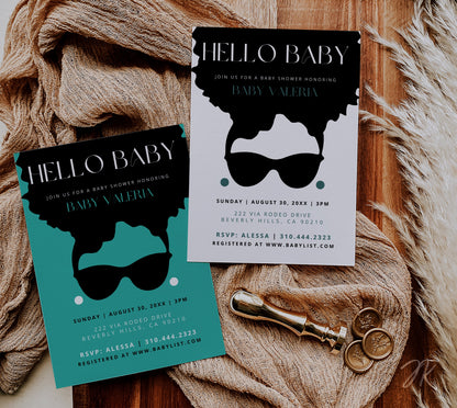 Breakfast at Tiff Baby Shower Invite Bundle | Audrey Inspired Baby Shower Card | Afro Black Girl Party | Canva Template | Teal Baby Card DIY