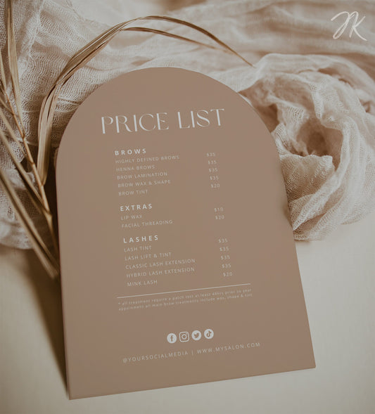 Boho Editable Price List | Arch Template | Lashes Brows Hair Salon Pricing | Boho Small Business Beauty Canva Printable | INSTANT DOWNLOAD