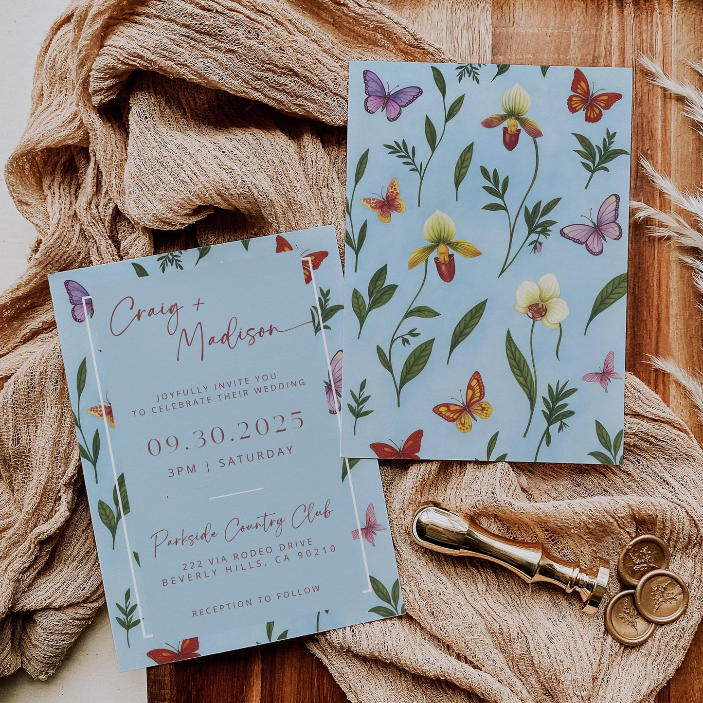 Baby Blue Orchid Wedding Invites | Oscar De La Inspired | Light Blue Bridal Signage DIY | Luxury Wedding | Canva Invitations | Elegant Cards
