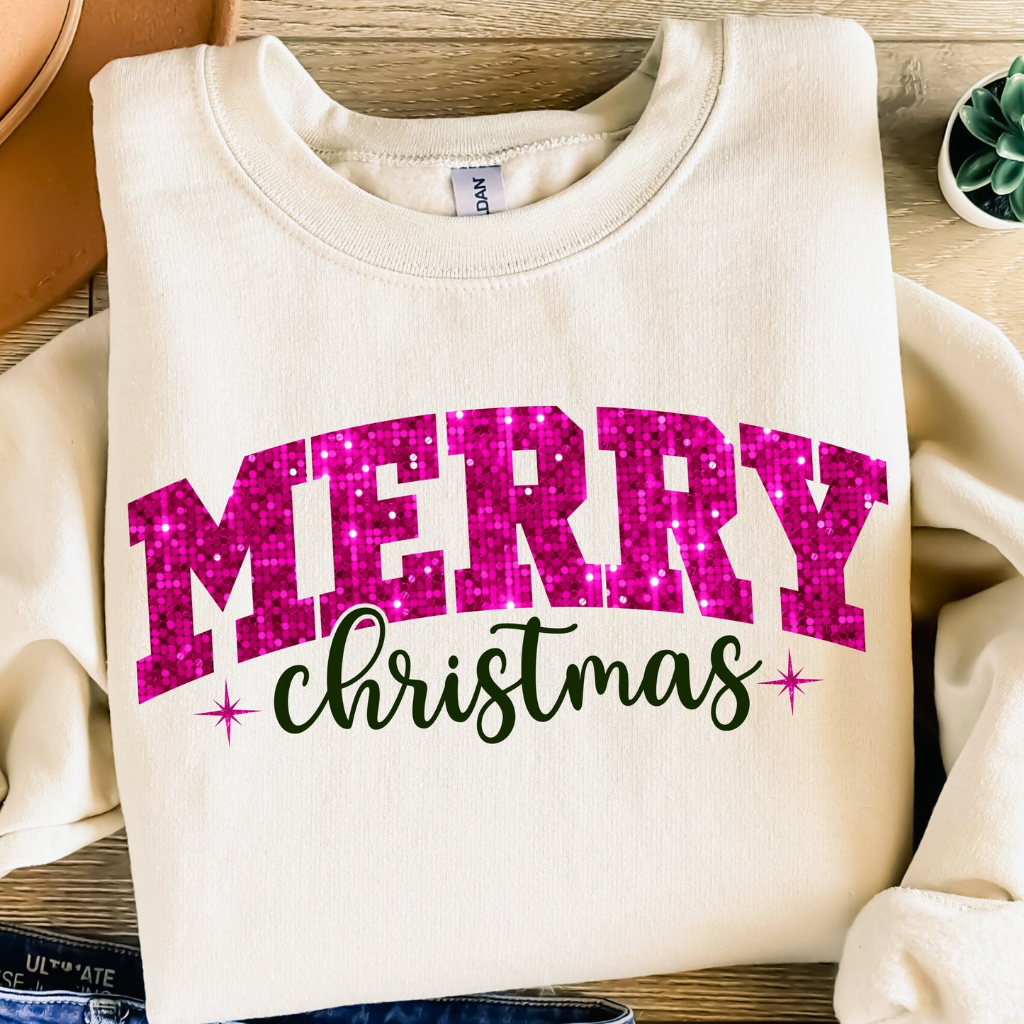 Faux Sequin Pink + Forest Green Christmas Sublimation Bundle | Retro Varsity Holiday PNG Designs