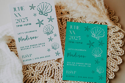 TEAL Sea Aesthetic Birthday Party Bundle | Seashells Starfish Fisherman Bday | 2-in-1 Party Invitation | Editable Canva Invite | DIY Digital