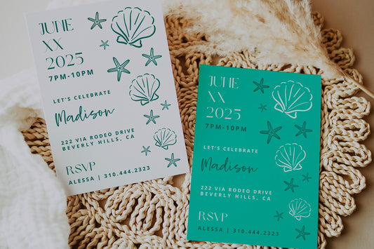TEAL Sea Aesthetic Birthday Party Bundle | Seashells Starfish Fisherman Bday | 2-in-1 Party Invitation | Editable Canva Invite | DIY Digital