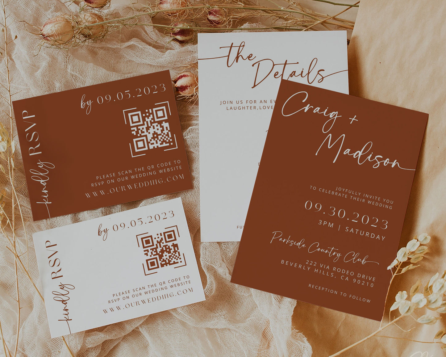 Desert Boho Wedding Invitation Suite | Modern Editable Template with RSVP QR Code | DIY Printable Wedding Set | Rustic Wedding | Terracotta