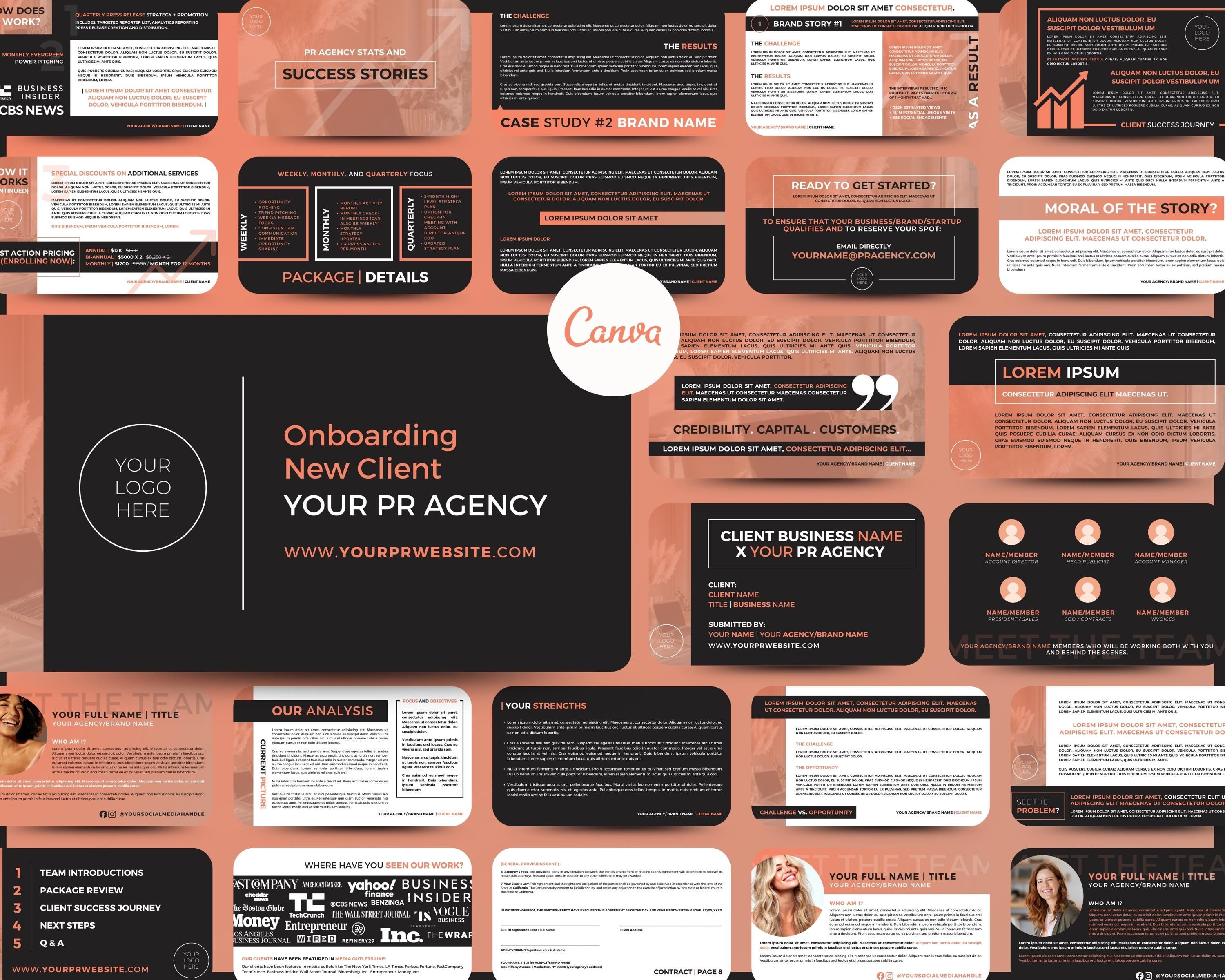 PR Agency 360 Canva Pitch Deck Bundle | DIY Slide Deck Template PR Proposal | Contract | Case Studies | Services | Strategy Deck | 50-Slides