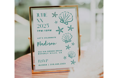 TEAL Sea Aesthetic Birthday Party Bundle | Seashells Starfish Fisherman Bday | 2-in-1 Party Invitation | Editable Canva Invite | DIY Digital
