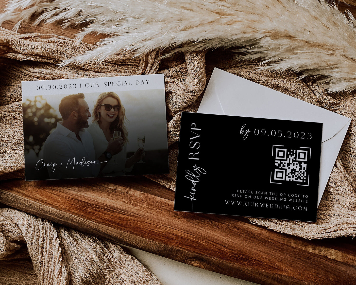 Minimalist Black and White Wedding Invitation Suite | Modern Editable Template with RSVP QR Code | DIY Printable Wedding Set | Canva Bundle