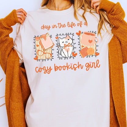 Day in the Life of a Cozy Bookish Girl PNG | Fall Reader Aesthetic Sublimation File | Books Coffee Cat Clipart | Cute Introvert Shirt Design