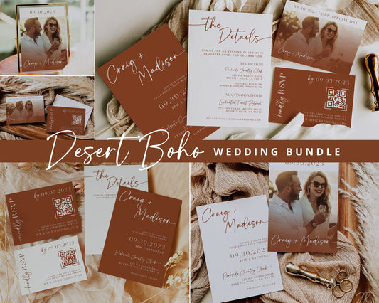 Desert Boho Wedding Invitation Suite | Modern Editable Template with RSVP QR Code | DIY Printable Wedding Set | Rustic Wedding | Terracotta