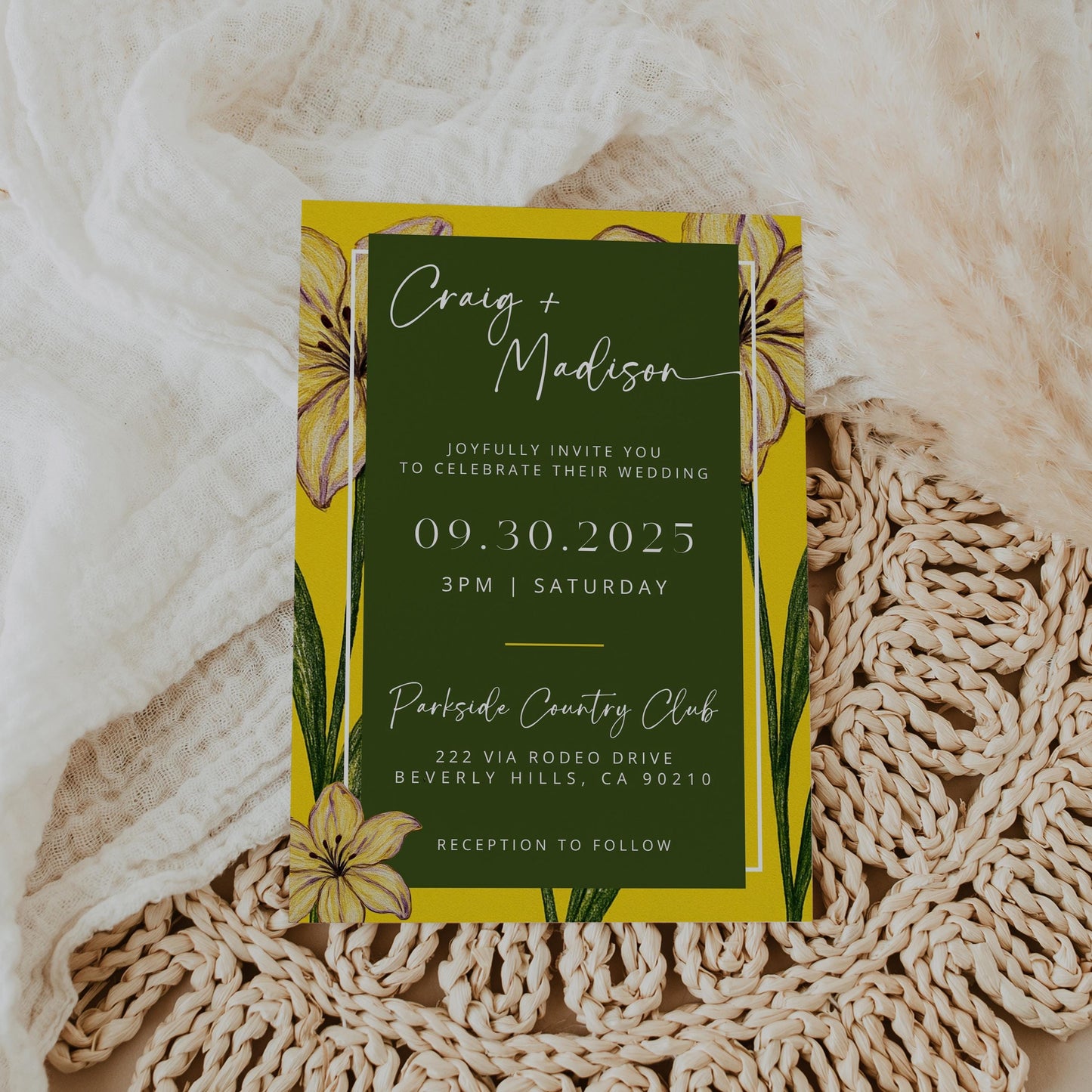 Summer Iris in Bloom Wedding Invites | Oscar De La Inspired | Yellow Floral Bridal Signage DIY | Luxury Wedding | Elegant Canva Invitation