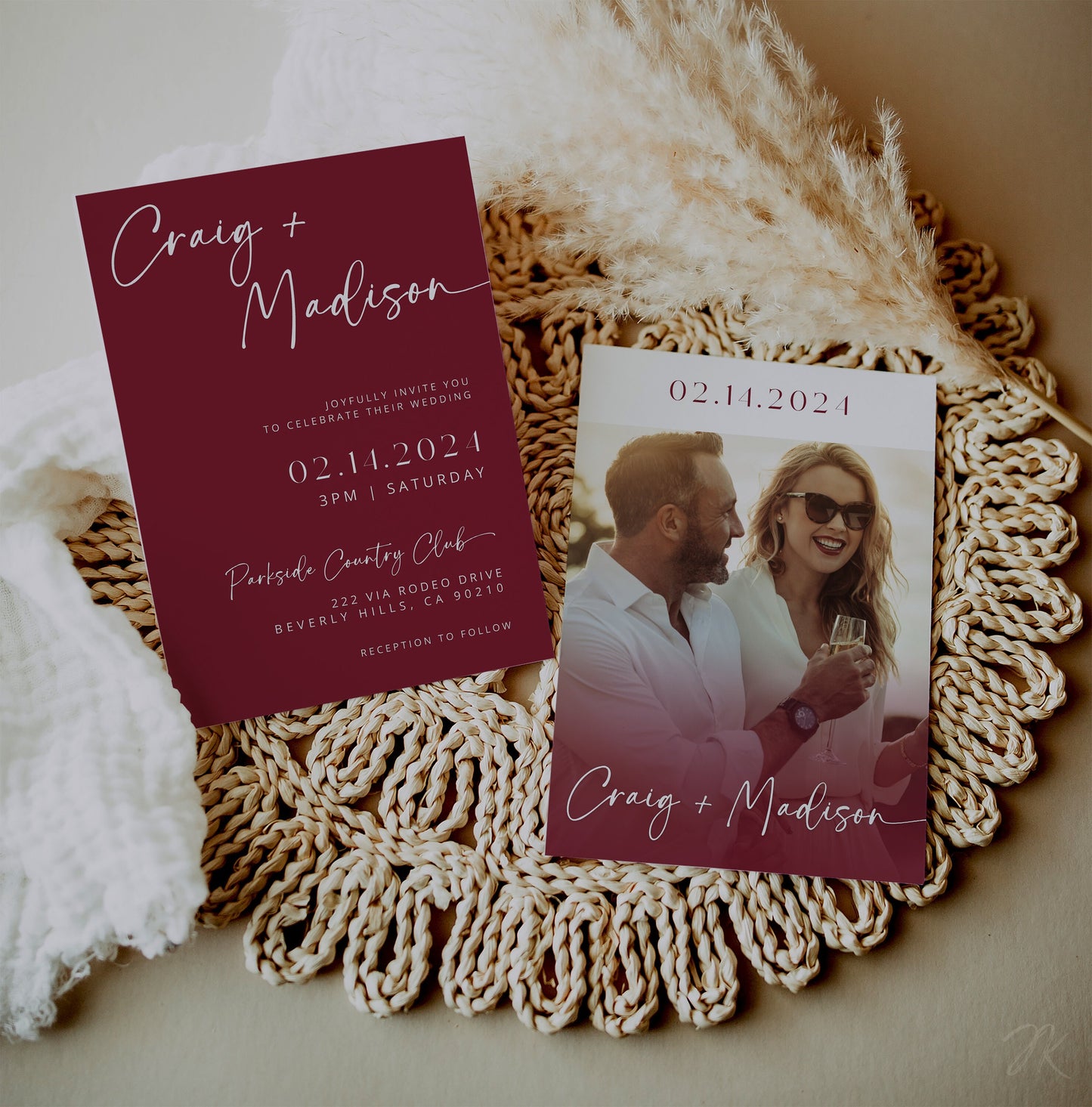 BERRY Pink Wedding Invite Template | Editable Minimalist Photo Wedding Invitation | Modern Wedding Invite Canva | Red Save the Date Invites