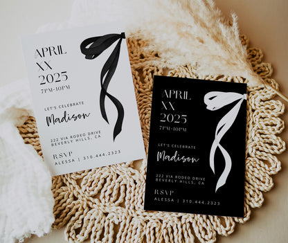 Coquette Birthday Party Invite Bundle | Black White Pink Bow 2025 Cards | 3-in-1 Party Invitation | Editable Canva Invite | INSTANT DOWNLOAD
