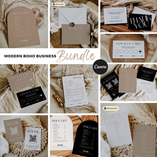 Modern Boho MEGA Business Brand Bundle | QR Codes, Price Lists, Business Cards, and More! | Editable in Canva Pro | FREEBIE Logo Packages