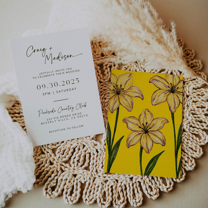 Summer Iris in Bloom Wedding Invites | Oscar De La Inspired | Yellow Floral Bridal Signage DIY | Luxury Wedding | Elegant Canva Invitation