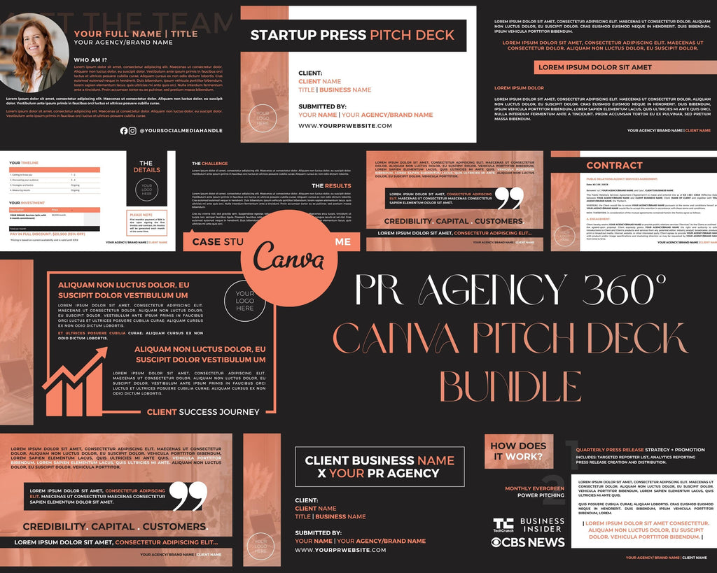PR Agency 360 Canva Pitch Deck Bundle | DIY Slide Deck Template PR Proposal | Contract | Case Studies | Services | Strategy Deck | 50-Slides