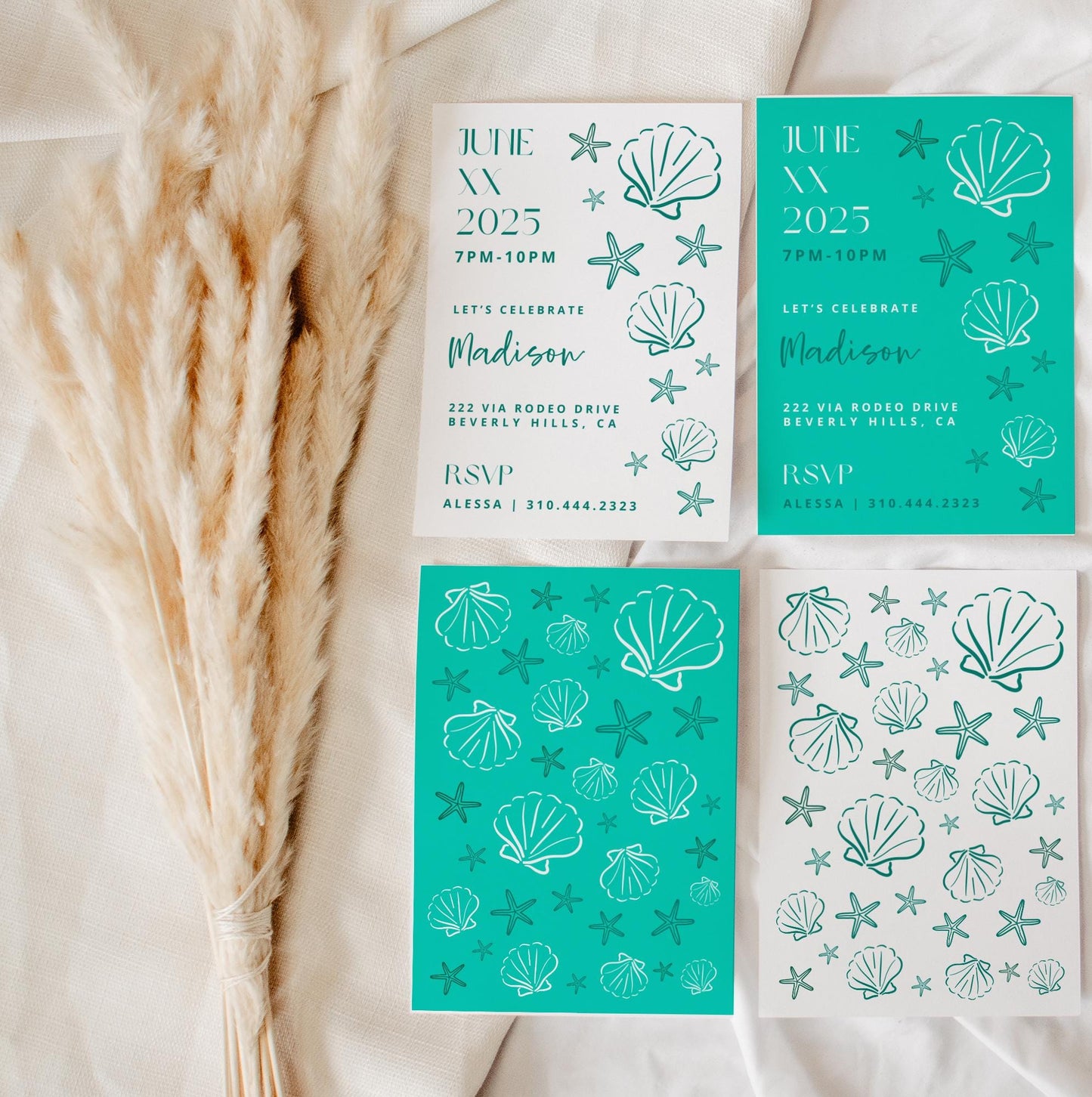 TEAL Sea Aesthetic Birthday Party Bundle | Seashells Starfish Fisherman Bday | 2-in-1 Party Invitation | Editable Canva Invite | DIY Digital