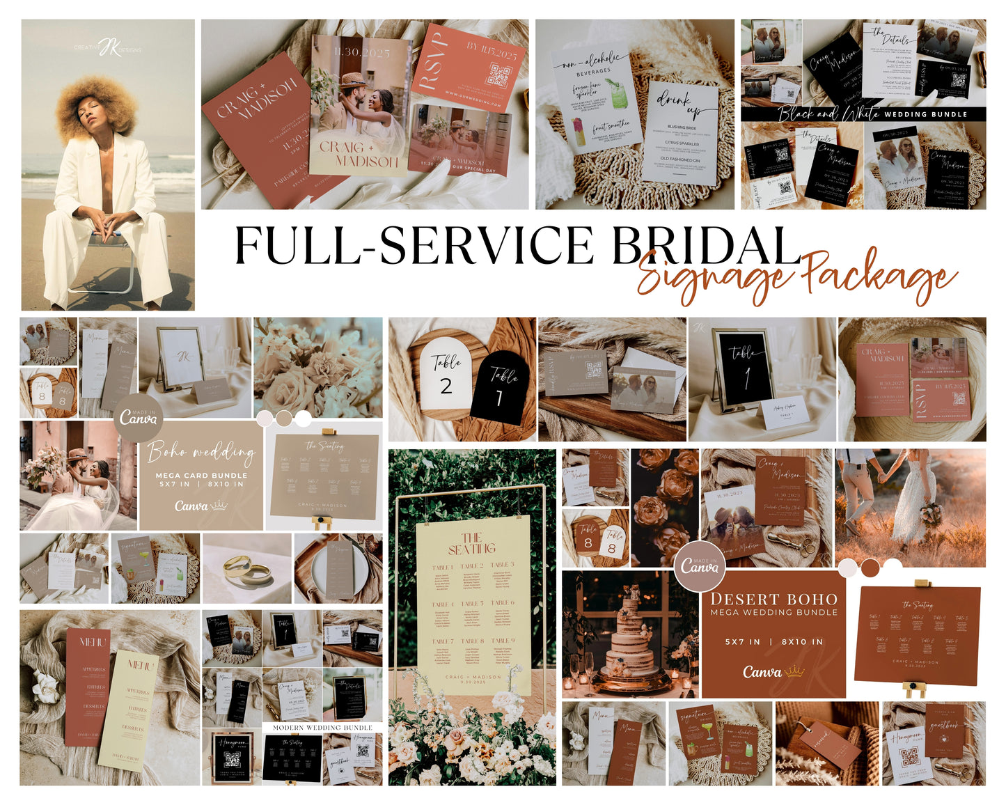 DESERT BOHO Wedding Mega Bundle | Terracotta Signage | Modern RSVP and Place Cards | Ceremony Programs and Menu | Editable Canva Invite Card