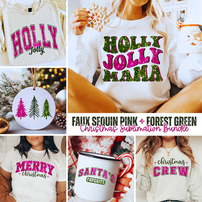 Faux Sequin Pink + Forest Green Christmas Sublimation Bundle | Retro Varsity Holiday PNG Designs