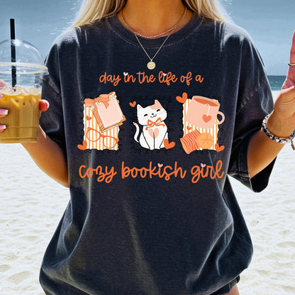 Day in the Life of a Cozy Bookish Girl PNG | Fall Reader Aesthetic Sublimation File | Books Coffee Cat Clipart | Cute Introvert Shirt Design