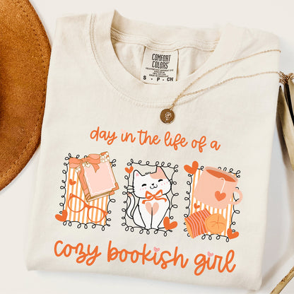 Day in the Life of a Cozy Bookish Girl PNG | Fall Reader Aesthetic Sublimation File | Books Coffee Cat Clipart | Cute Introvert Shirt Design