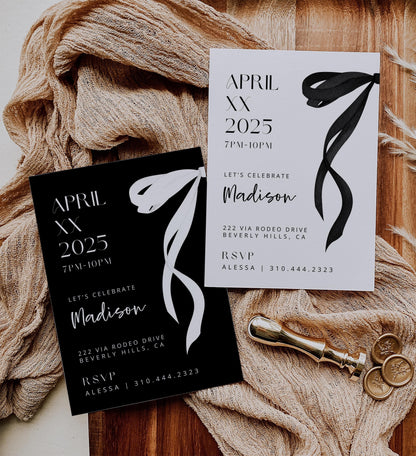 Coquette Birthday Party Invite Bundle | Black White Pink Bow 2025 Cards | 3-in-1 Party Invitation | Editable Canva Invite | INSTANT DOWNLOAD