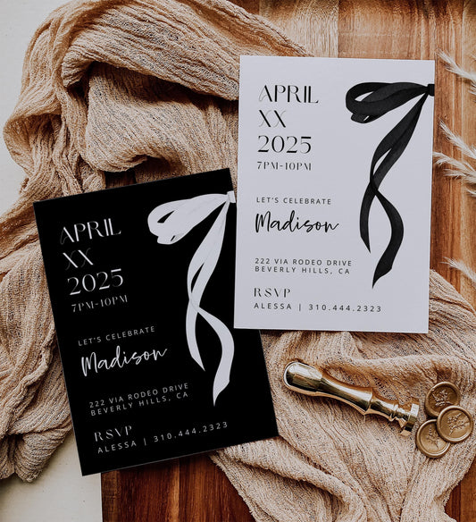 Coquette Birthday Party Invite Bundle | Black White Pink Bow 2025 Cards | 3-in-1 Party Invitation | Editable Canva Invite | INSTANT DOWNLOAD